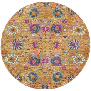 Photo of 5' Gold Round Floral Power Loom Area Rug