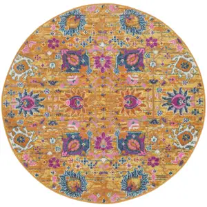 Photo of 4' Gold Round Floral Power Loom Area Rug