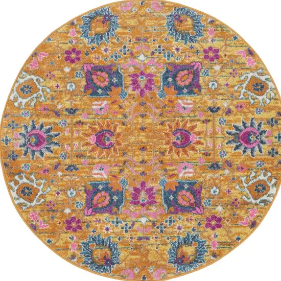 4' Gold Round Floral Power Loom Area Rug Photo 8