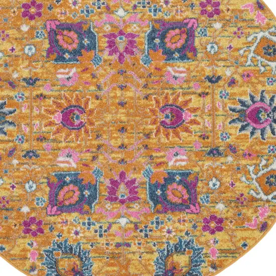 4' Gold Round Floral Power Loom Area Rug Photo 7