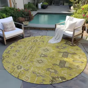 Photo of 8' Gold Wheat And Gray Round Oriental Washable Indoor Outdoor Area Rug