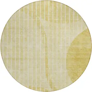 Photo of 8' Gold Wheat And Ivory Round Striped Washable Indoor Outdoor Area Rug