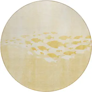 Photo of 8' Gold Yellow And Wheat Round Nautical Washable Indoor Outdoor Area Rug