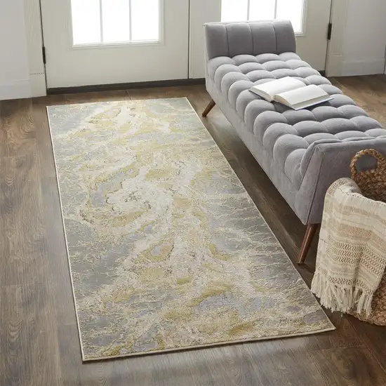 8' Gold and Ivory Marble Power Loom Runner Rug Photo 5