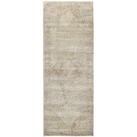 8' Gold and Ivory Medallion Power Loom Runner Rug Photo 2