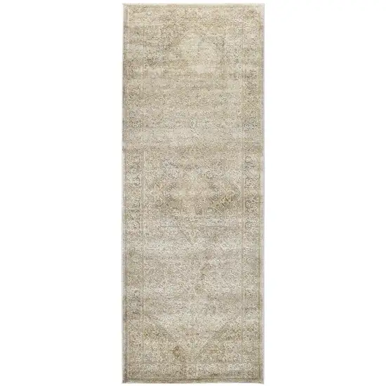 8' Gold and Ivory Medallion Power Loom Runner Rug Photo 4