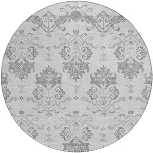 Photo of 8' Graphite Gray And Silver Round Oriental Washable Indoor Outdoor Area Rug