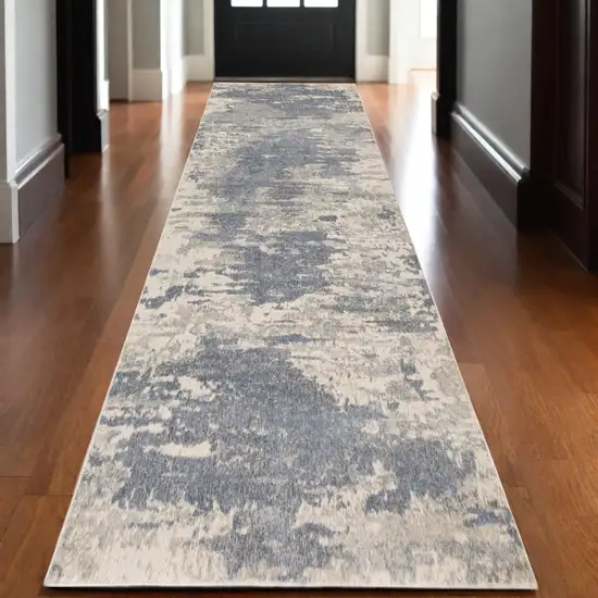 10' Ivory Blue and Gray Abstract Power Loom Runner Rug Photo 1