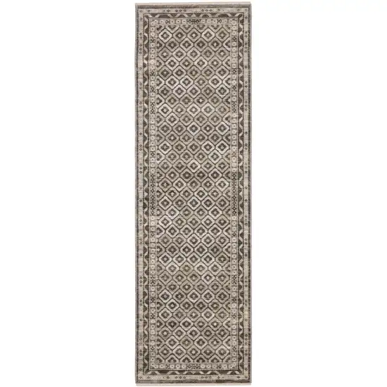 8' Gray And Beige Diamond Runner Rug With Fringe Photo 2