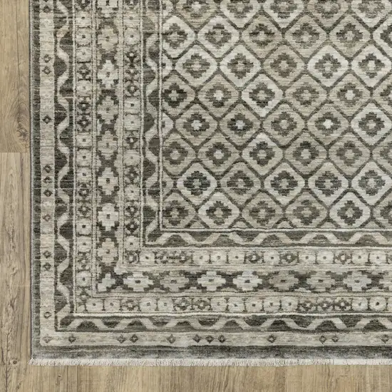 8' Gray And Beige Diamond Runner Rug With Fringe Photo 7