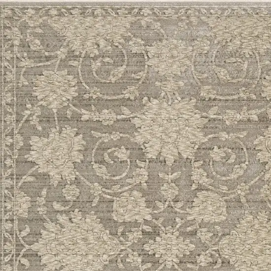 8' Gray And Beige Floral Runner Rug With Fringe Photo 9