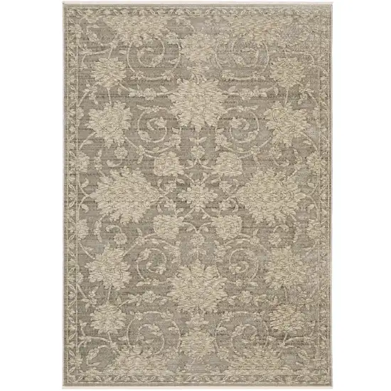 8' Gray And Beige Floral Runner Rug With Fringe Photo 2