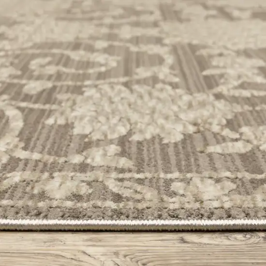 8' Gray And Beige Floral Runner Rug With Fringe Photo 6