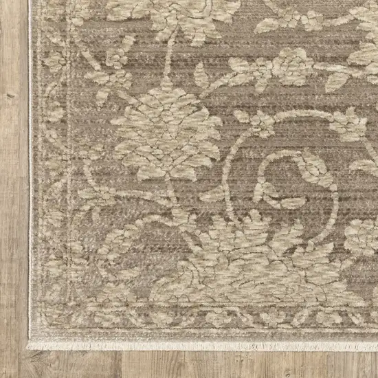 8' Gray And Beige Floral Runner Rug With Fringe Photo 8