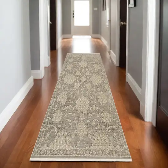 8' Gray And Beige Floral Runner Rug With Fringe Photo 1