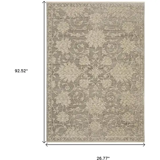 8' Gray And Beige Floral Runner Rug With Fringe Photo 3