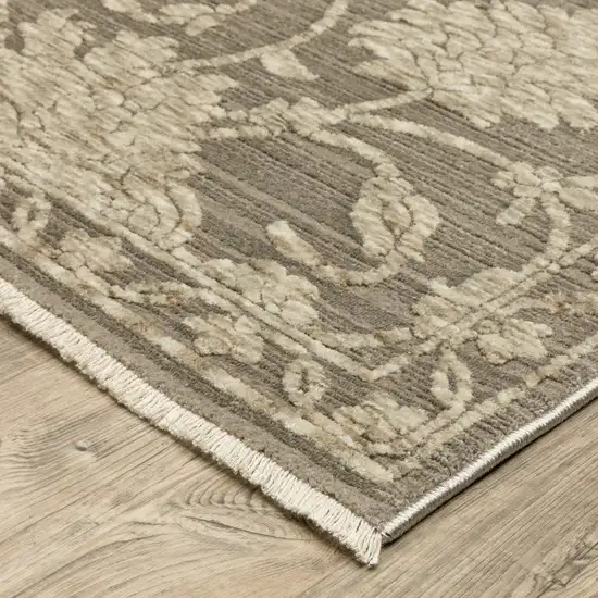 8' Gray And Beige Floral Runner Rug With Fringe Photo 5