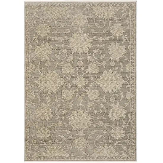 8' Gray And Beige Floral Runner Rug With Fringe Photo 4