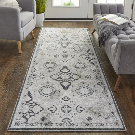 8' Gray And Black Floral Power Loom Runner Rug Photo 3