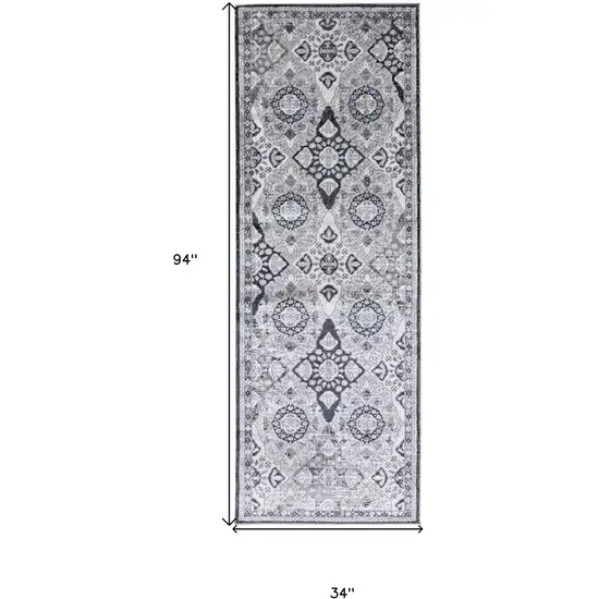 8' Gray And Black Floral Power Loom Runner Rug Photo 7