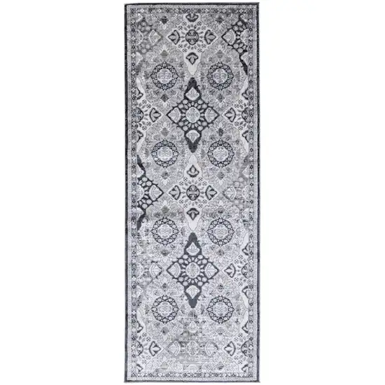 8' Gray And Black Floral Power Loom Runner Rug Photo 1