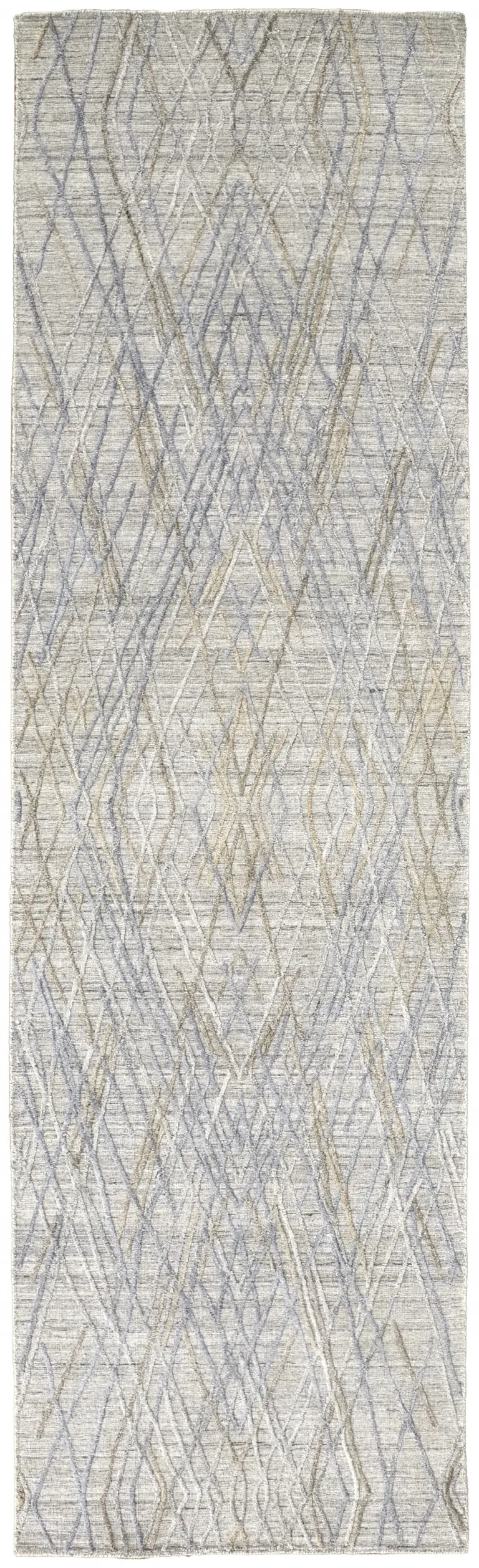 10' Gray And Blue Abstract Hand Woven Runner Rug Photo 1