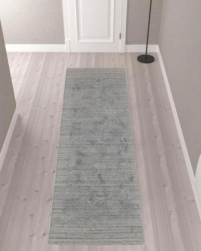 10' Gray And Blue Abstract Hand Woven Runner Rug Photo 1