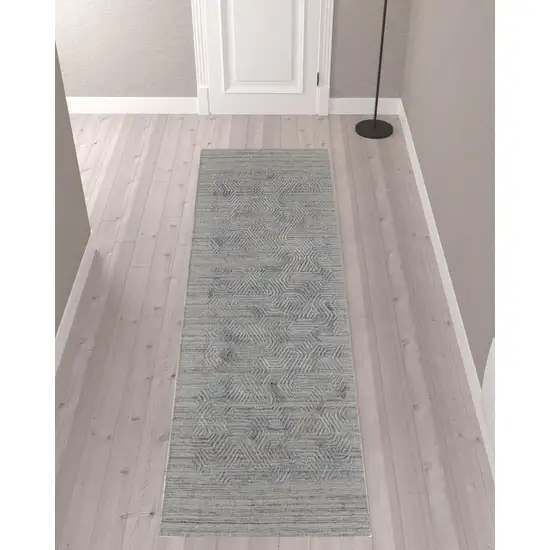 10' Gray And Blue Abstract Hand Woven Runner Rug Photo 2