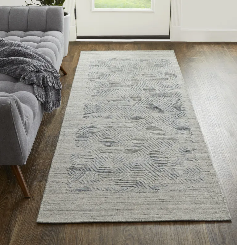 10' Gray And Blue Abstract Hand Woven Runner Rug Photo 2