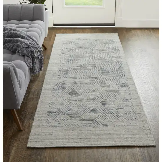 10' Gray And Blue Abstract Hand Woven Runner Rug Photo 3