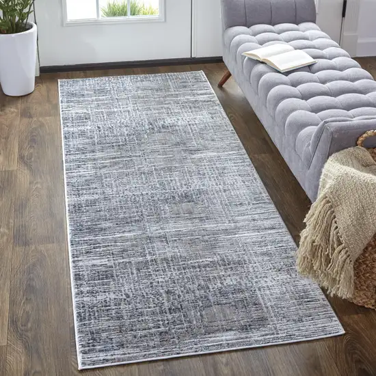 8' Gray And Blue Abstract Stain Resistant Runner Rug Photo 4