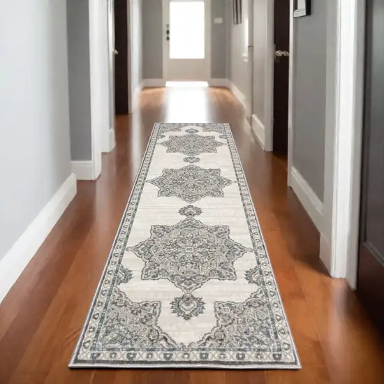 8' Gray And Blue Medallion Runner Rug Photo 1