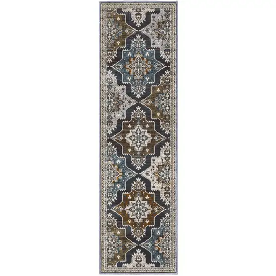 8' Gray And Blue Medallion Runner Rug Photo 2