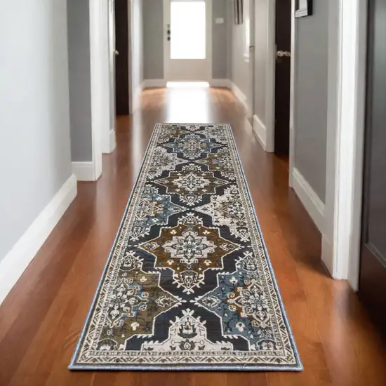 8' Gray And Blue Medallion Runner Rug Photo 1