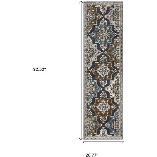 8' Gray And Blue Medallion Runner Rug Photo 3