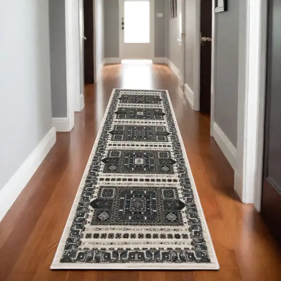 8' Gray And Blue Medallion Runner Rug Photo 1