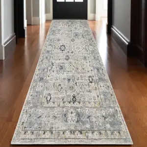 Photo of 10' Gray And Blue Oriental Hand Tufted Runner Rug