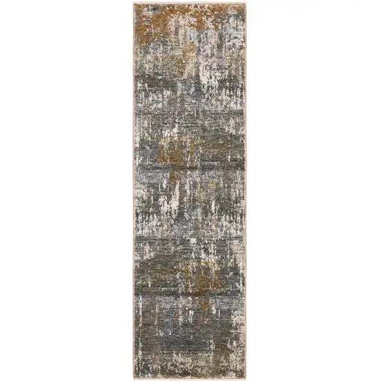 8' Gray And Gold Abstract Runner Rug With Fringe Photo 2