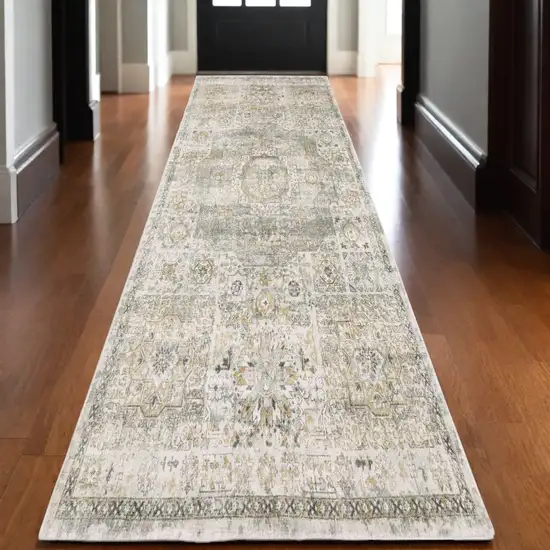 10' Gray And Gold Medallion Hand Tufted Runner Rug Photo 1