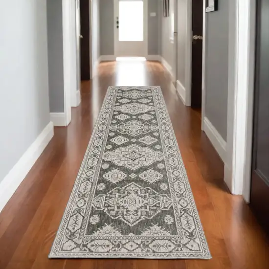 8' Gray And Gray Medallion Runner Rug Photo 1