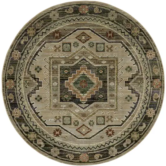 8' Gray And Green Tribal Round Rug Photo 2