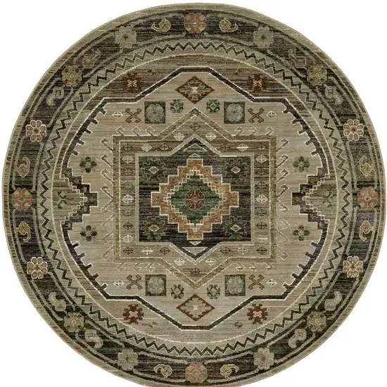 8' Gray And Green Tribal Round Rug Photo 4