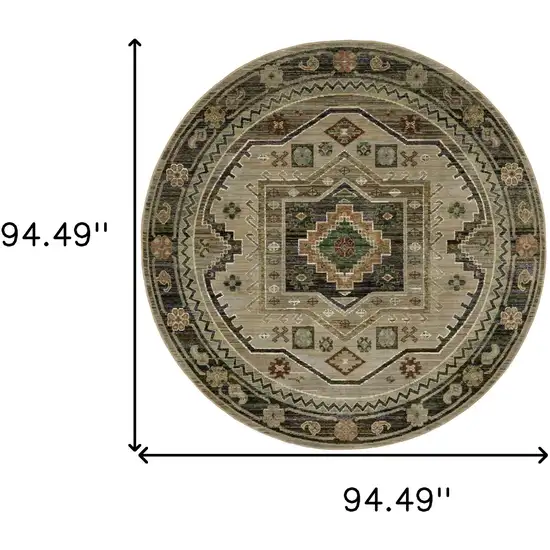 8' Gray And Green Tribal Round Rug Photo 3