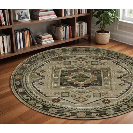 8' Gray And Green Tribal Round Rug Photo 1