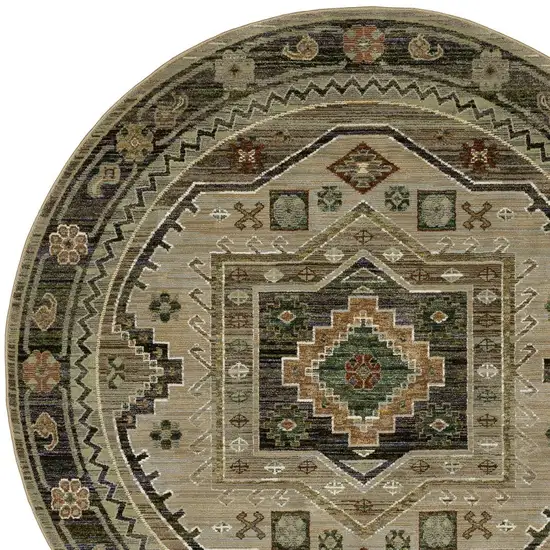 8' Gray And Green Tribal Round Rug Photo 7