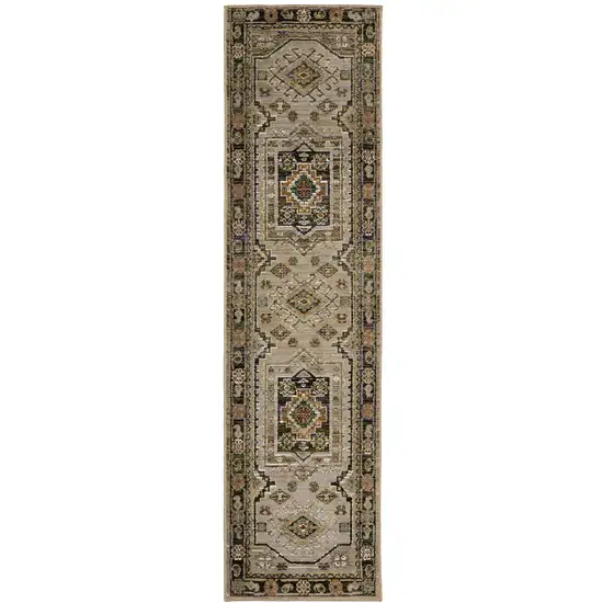 8' Gray And Green Tribal Runner Rug Photo 2