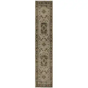 Photo of 12' Gray And Green Tribal Runner Rug