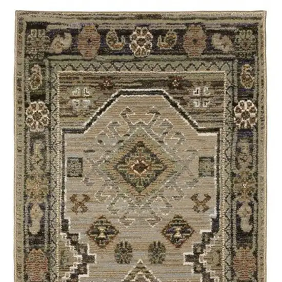 12' Gray And Green Tribal Runner Rug Photo 9