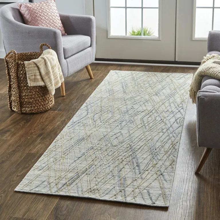 10' Gray And Ivory Abstract Hand Woven Runner Rug Photo 4