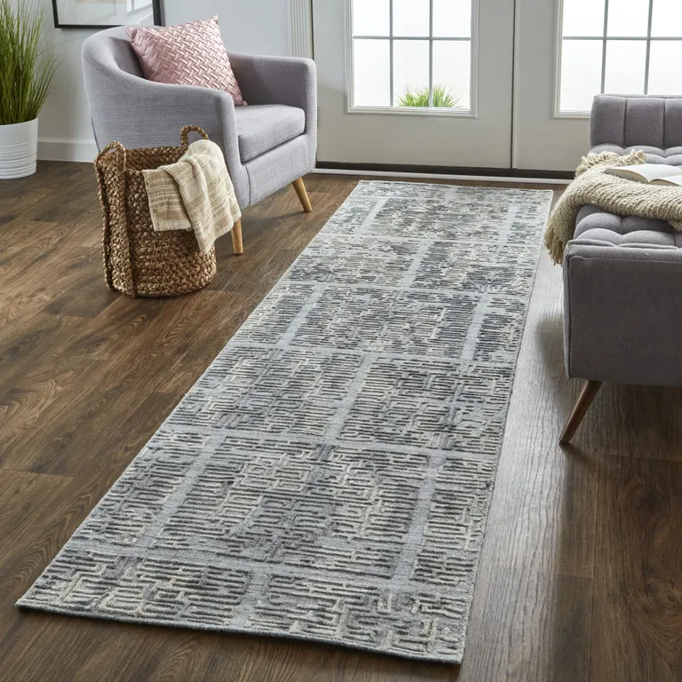 10' Gray And Ivory Abstract Hand Woven Runner Rug Photo 4